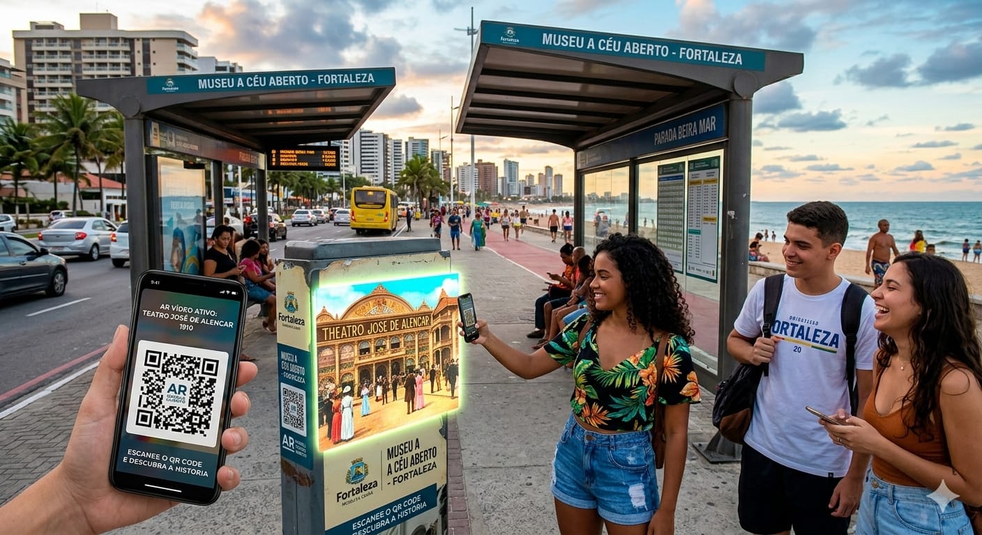 Pessoas escaneando QR code numa parada de ônibus na Beira-Mar de Fortaleza, com display do Theatro José de Alencar em AR
