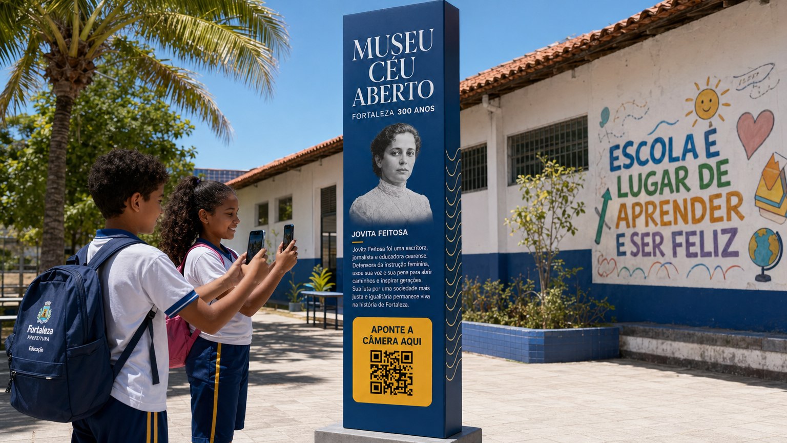 Estudantes em escola pública de Fortaleza apontando o celular pro totem 'Museu Céu Aberto' com QR code