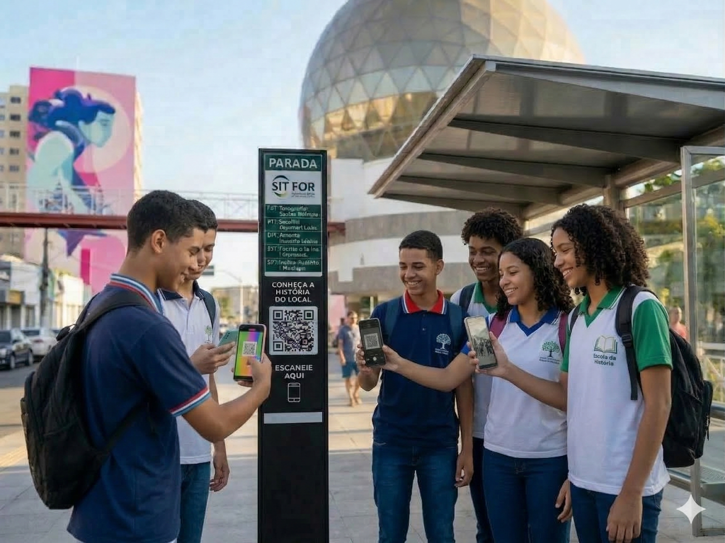 Estudantes escaneando QR code numa parada SIT FOR em frente ao Centro Dragão do Mar, Fortaleza