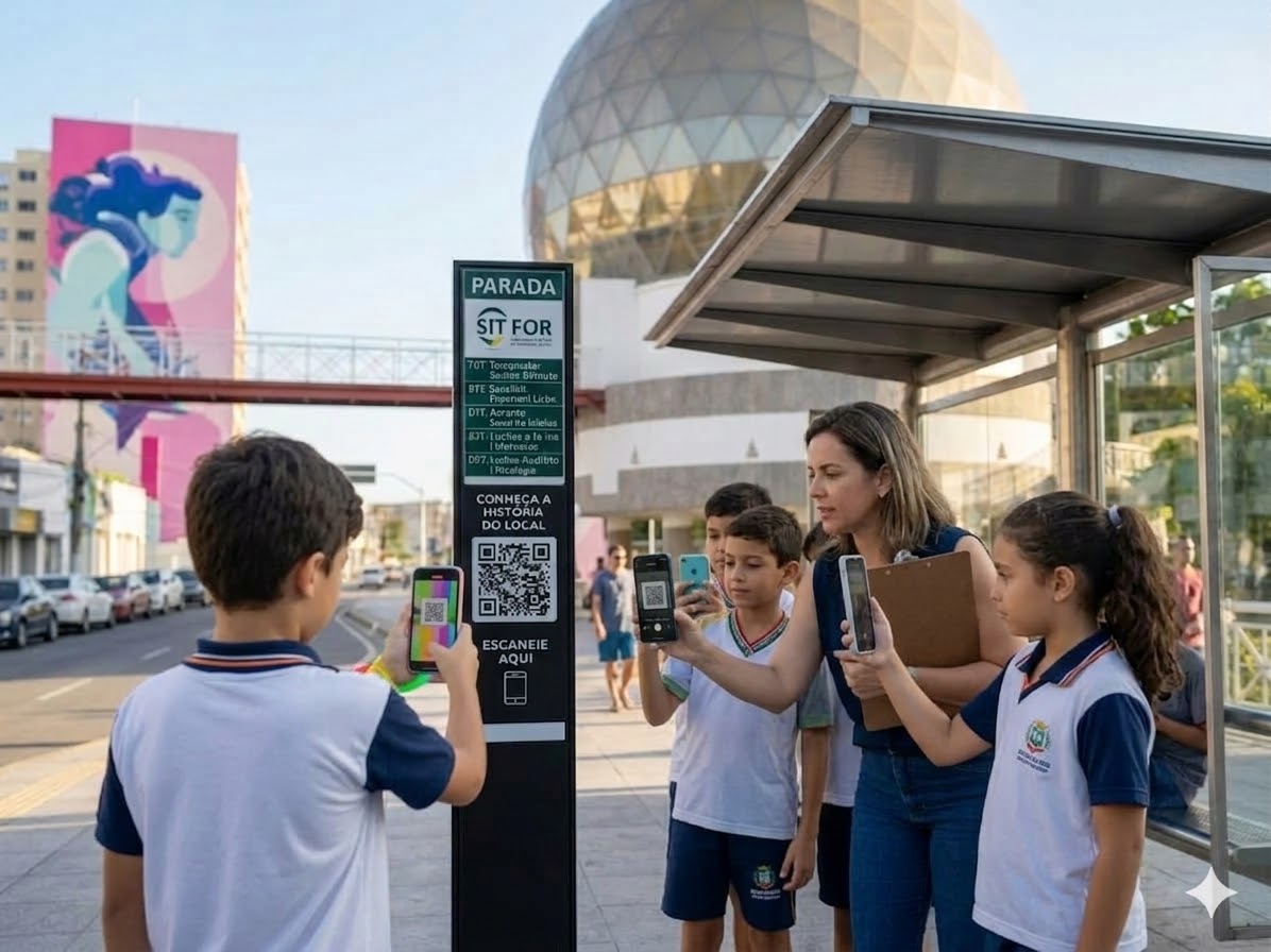Crianças escaneando QR code numa parada de ônibus do SIT FOR em frente ao Centro Dragão do Mar